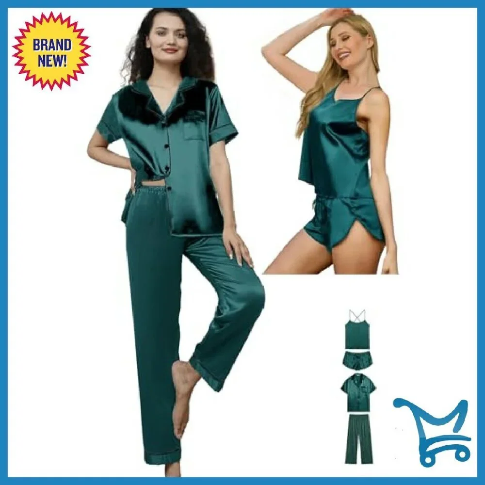 Silk Satin Pajama Set 5-Piece Cami Shorts Loungewear Sleepwear